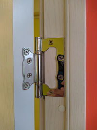 Stainless door hinges on wooden swing door