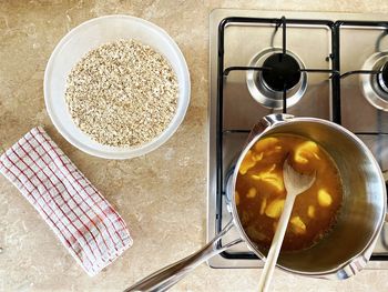 High angle view of breakfast on table