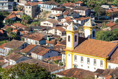 High angle view of buildings in city