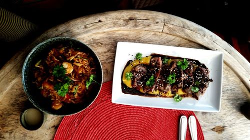 Directly above shot of food served on table