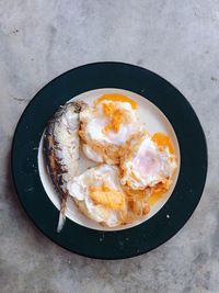 High angle view of breakfast served on table