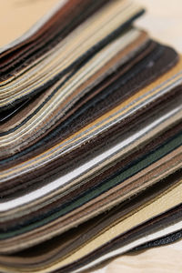 Luxury multicolored leather samples close-up. multicolored palette leather