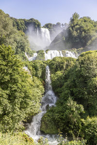 Scenic view of waterfall in forest against sky