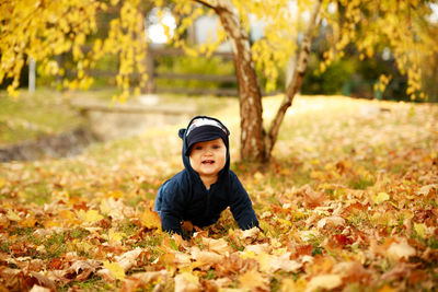 Portrait of cute boy crawling on autumn leaves