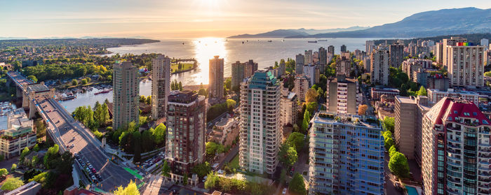 High angle view of city at sunset