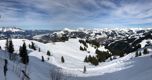 Scenic view of snow covered mountains against sky