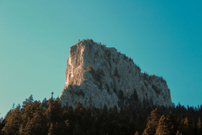 Low angle view of rock formations against clear blue sky