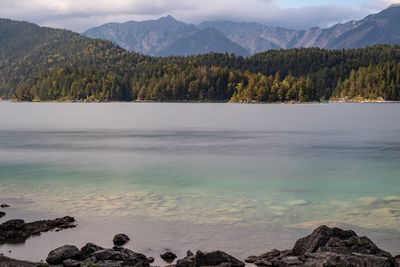 Scenic view of lake and mountains against sky