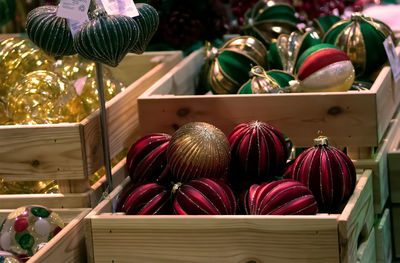 High angle view of christmas baubles for sale, christmas decorations 