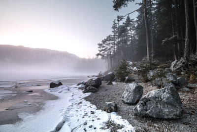 Snow on landscape against clear sky during foggy weather