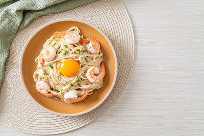 High angle view of food in plate on table