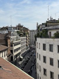 High angle view of buildings against sky