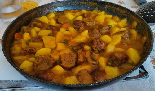 High angle view of food in bowl on table