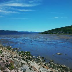 Scenic view of beach against blue sky