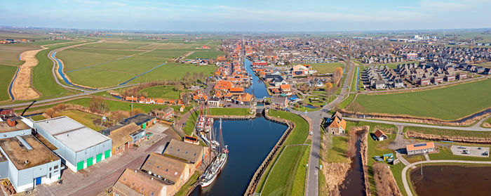 High angle view of buildings in city