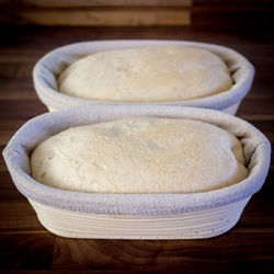 High angle view of bread in bowl on table