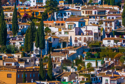 High angle view of residential buildings in city