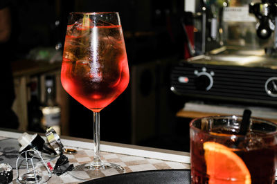 Close-up of beer glass on table