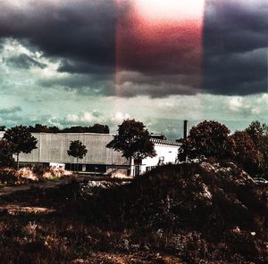 Trees and buildings against cloudy sky