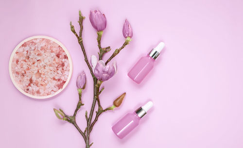 High angle view of pink flower on table