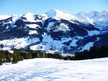 Scenic view of snow covered mountains against sky