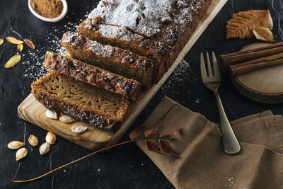 Vegan pumpkin sponge cake cut into slices