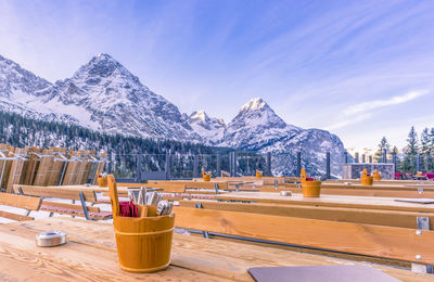 Restaurant facing snow capped mountain