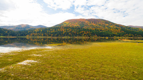 Scenic view of lake against cloudy sky