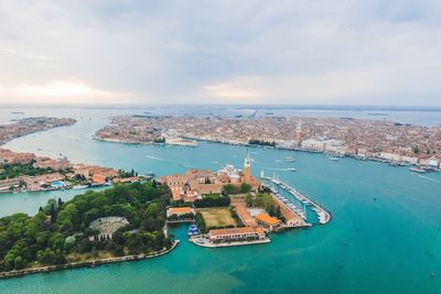 High angle view of town by sea