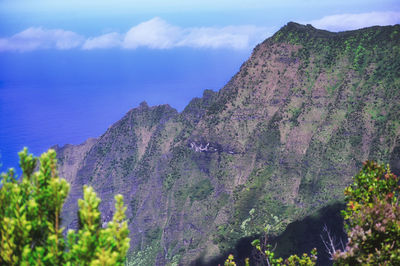 Scenic view of sea and mountains against sky