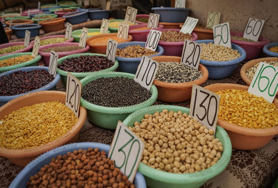 High angle view of legumes for sale in market