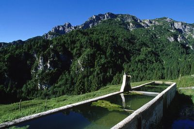 Scenic view of mountains against clear blue sky