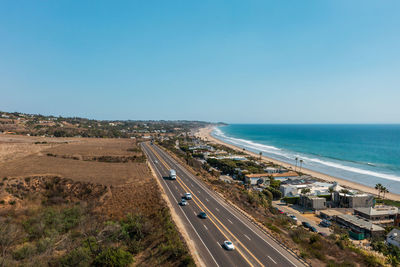 Pacific coast highway in malibu, california. million dollar beachfront homes, aerial view