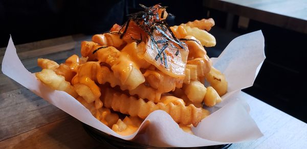 High angle view of serving food on table