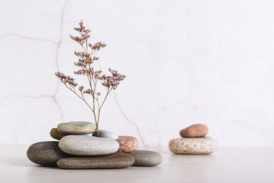 A branch of dried flower stands in a stack of smooth sea stones on the table