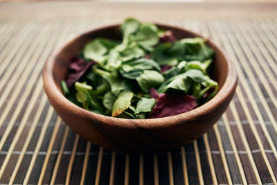 High angle view of salad in bowl on table