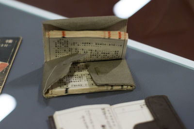 High angle view of damaged book on table