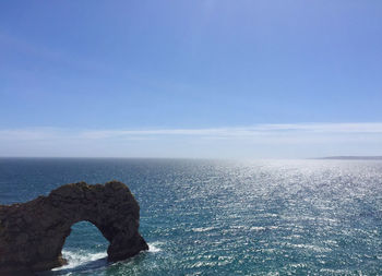 Scenic view of sea against blue sky