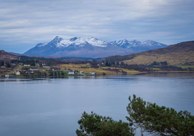 Scenic view of lake and mountains against sky