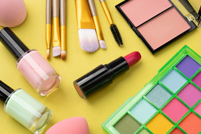 High angle view of beauty products on table