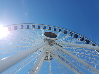 Low angle view of ferris wheel against clear blue sky