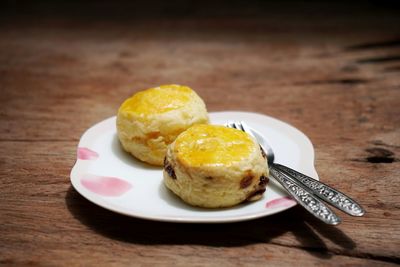 Close-up of breakfast served on table