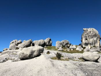 Rock formations against clear blue sky