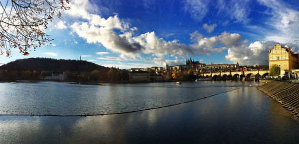 Panoramic view of buildings by river against cloudy sky