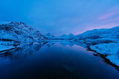 Scenic view of lake and snowcapped mountains against blue sky