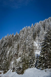 Low angle view of snowcapped mountains against clear blue sky