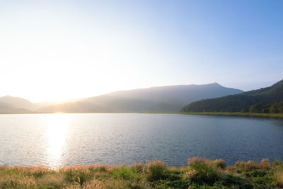 Scenic view of lake against clear sky