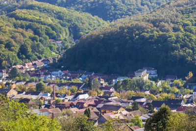 High angle view of townscape and trees in town
