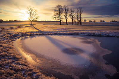 A beautiful frozen pond in the rural scene during the morning golden hour. 