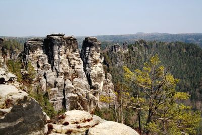 Rock formations on landscape against clear sky